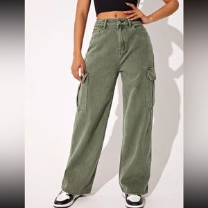 mid waist army green cargo baggydenim pants